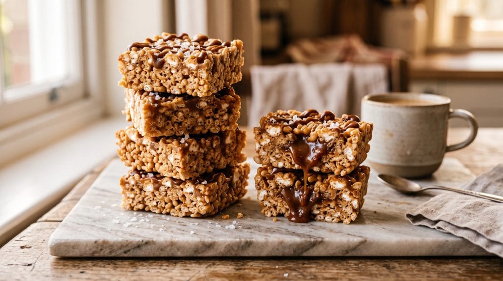 Stack of gooey salted caramel rice cereal bars on a marble slab with flaky sea salt visible on top.