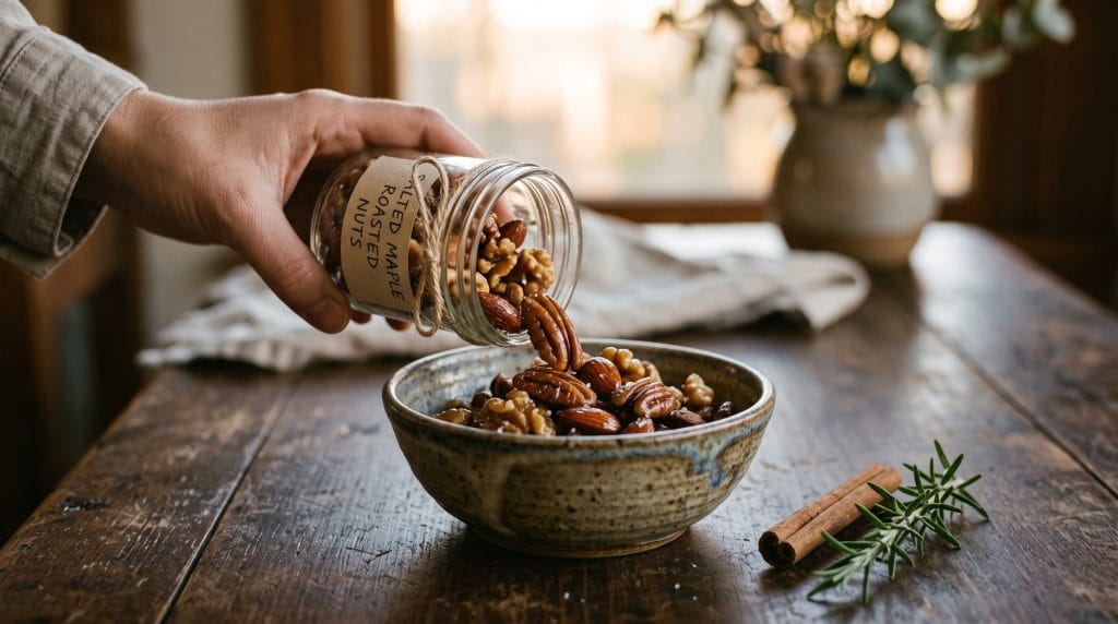 Small glass jar of salted maple roasted nuts being poured into a ceramic bowl next to a cinnamon stick and rosemary.