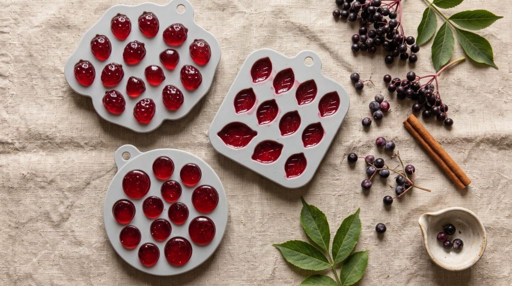 Homemade Wellness Gummies: Easy 5-Minute DIY Recipe 2 Overhead flat lay of silicone gummy molds filled with translucent ruby red elderberry gummies next to fresh berries.