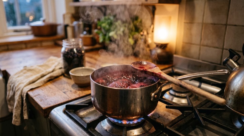 Homemade Wellness Gummies: Easy 5-Minute DIY Recipe 5 Small saucepan with deep red elderberry juice mixture gently simmering on a stove with steam rising.