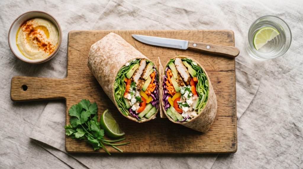 Aesthetic Lunch Ideas for Working From Home: No 2:30 PM Slump 4 Top-down flat lay of a sliced Mediterranean wrap showing colorful vegetable layers.