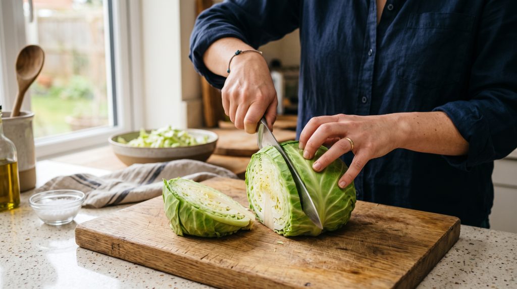 Crispy Cabbage Breakfast Hash: 2026's Biggest Food Trend 4 Hands slicing a fresh head of organic green cabbage into thick wedges on a rustic wooden cutting board.