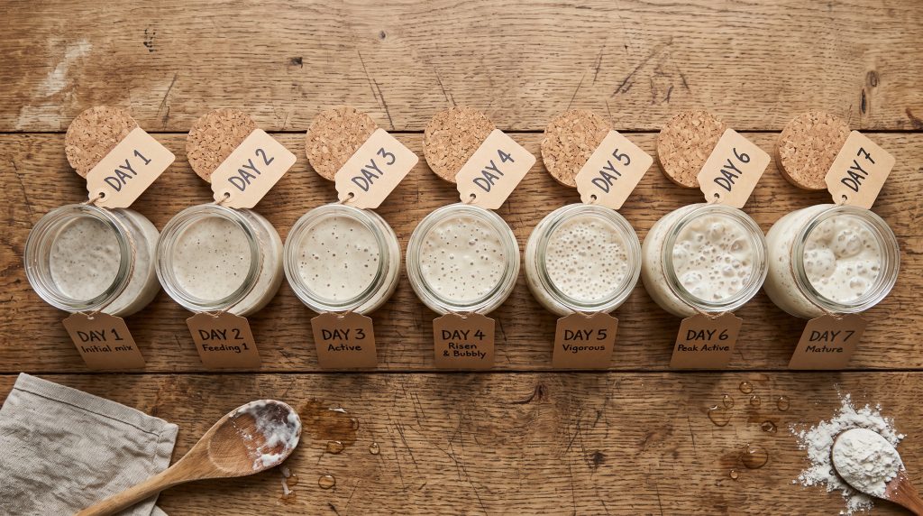 A Beginner's Guide to Sourdough Starter: The Slow Living Kitchen Ritual 5 Seven small glass jars showing the daily progression of active sourdough starter fermentation over a week.