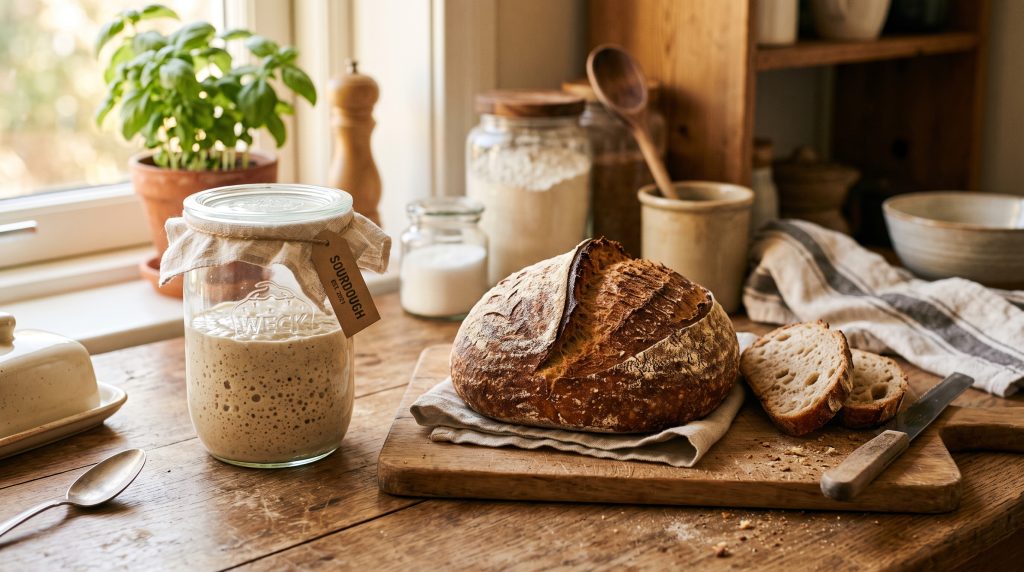 A Beginner's Guide to Sourdough Starter: The Slow Living Kitchen Ritual 7 A mature jar of bubbly sourdough starter next to a freshly baked loaf of artisan bread on a rustic wooden table.
