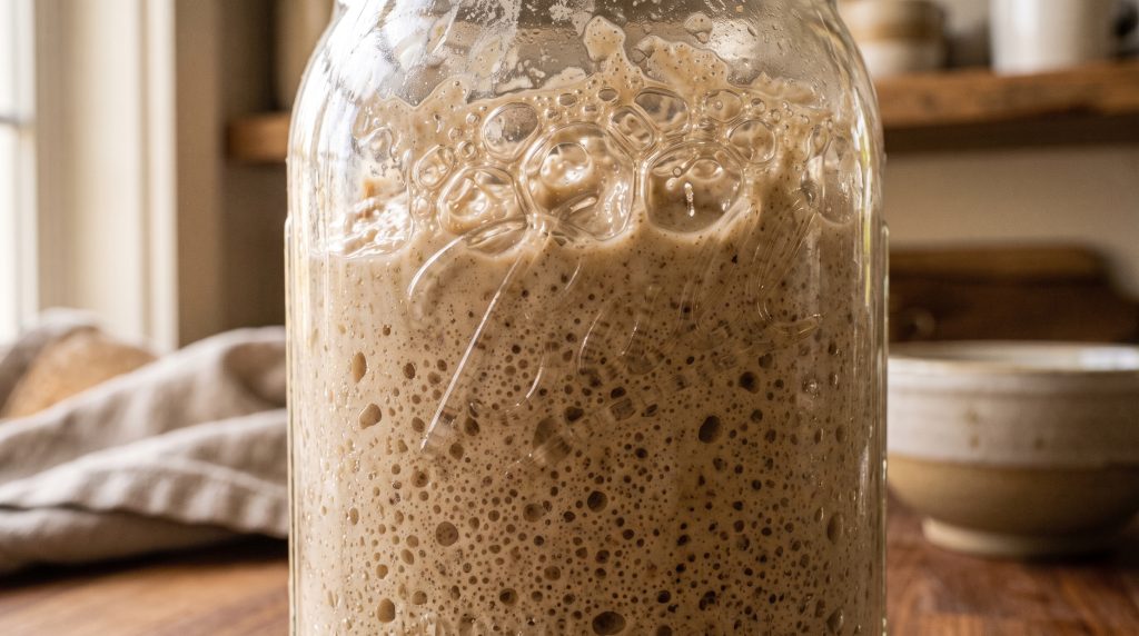 A Beginner's Guide to Sourdough Starter: The Slow Living Kitchen Ritual 3 Close-up macro shot of sourdough starter fermentation bubbles rising inside a glass jar under warm natural light.