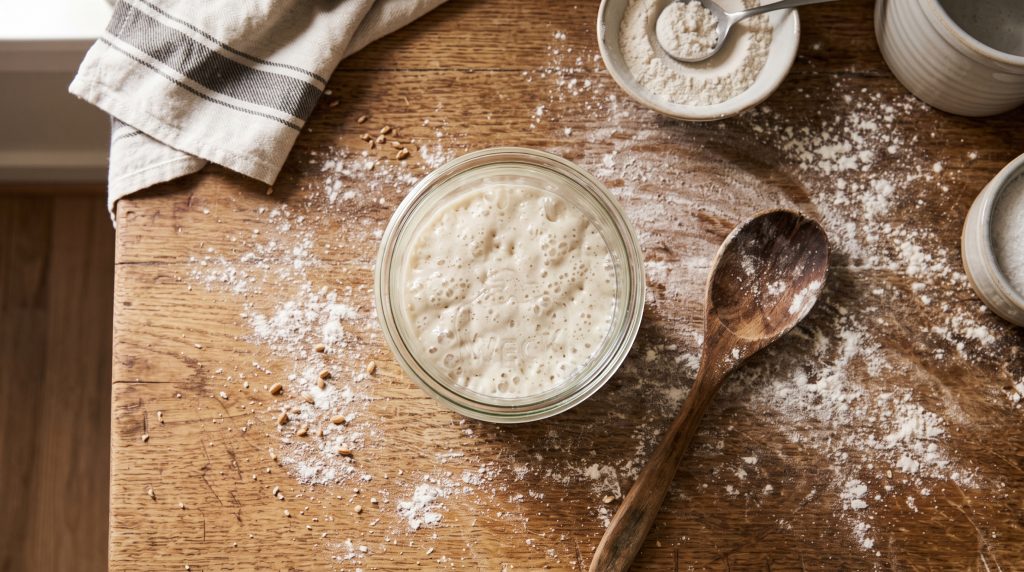 A Beginner's Guide to Sourdough Starter: The Slow Living Kitchen Ritual 2 Overhead shot of a glass jar filled with bubbly sourdough starter, a wooden spoon, and a flour-dusted counter under morning light.
