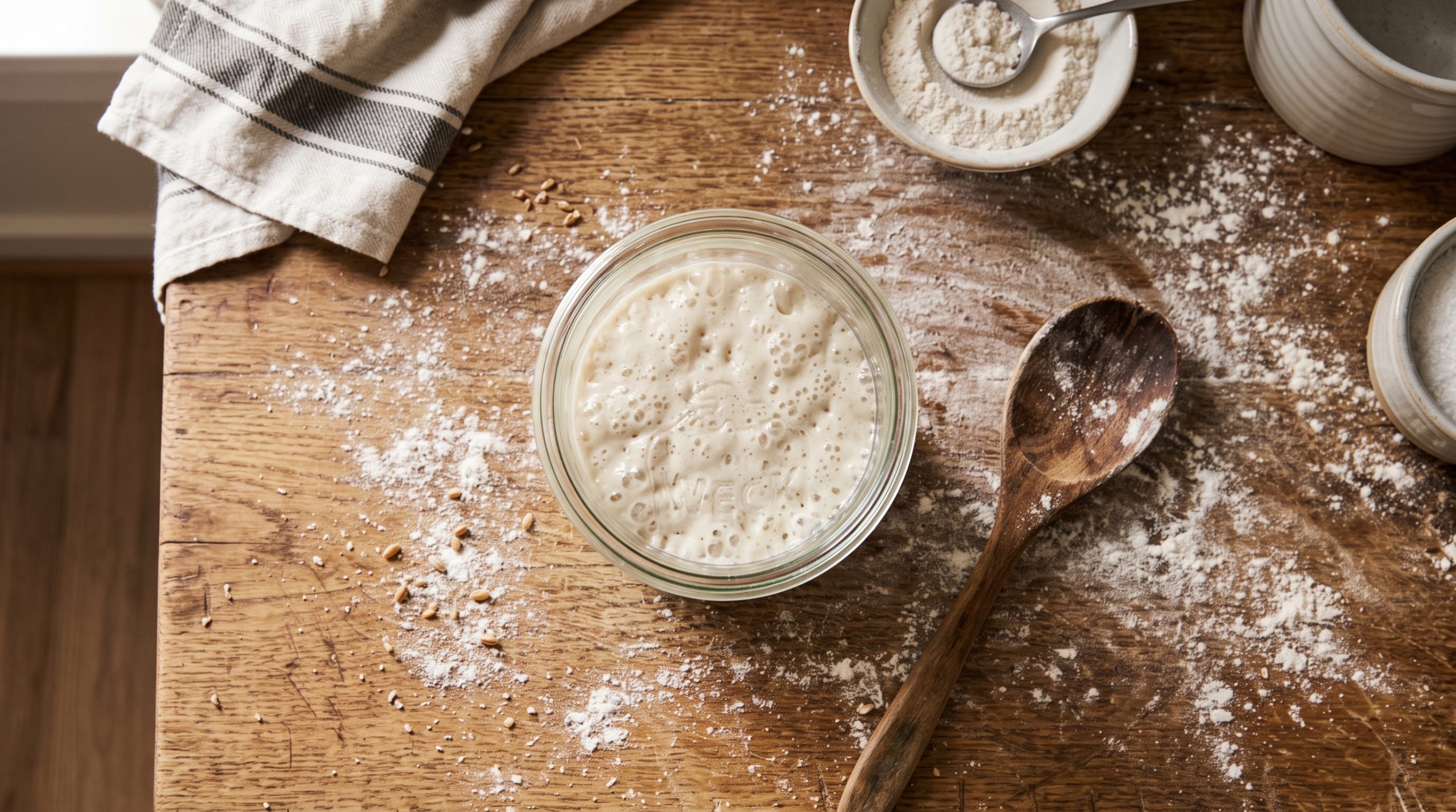 Overhead shot of a glass jar filled with bubbly sourdough starter, a wooden spoon, and a flour-dusted counter under morning light.