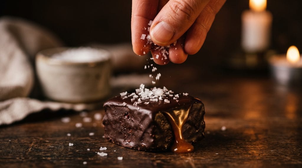 Close-up macro shot of flaky sea salt being sprinkled by hand over a dark chocolate caramel square with glossy drips.