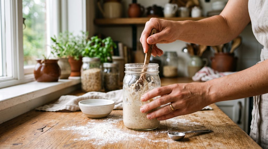 A Beginner's Guide to Sourdough Starter: The Slow Living Kitchen Ritual 4 Hands stirring organic flour and water together in a glass jar in a cozy kitchen under soft daylight.