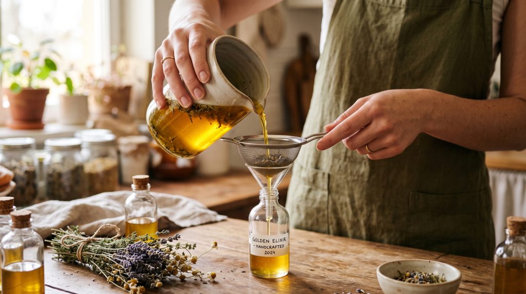 Ginger Turmeric Lemon Wellness Shots: The 5-Day Batch Morning Ritual 6 Woman's hand holding a single glass shot of orange-golden ginger turmeric lemon liquid up to soft morning light.