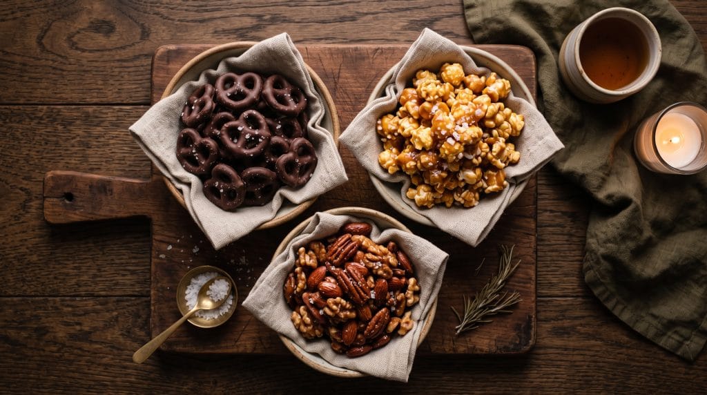 Overhead flat lay of a rustic wooden swalty snack board with dark chocolate pretzels, caramel popcorn, and salted maple nuts.