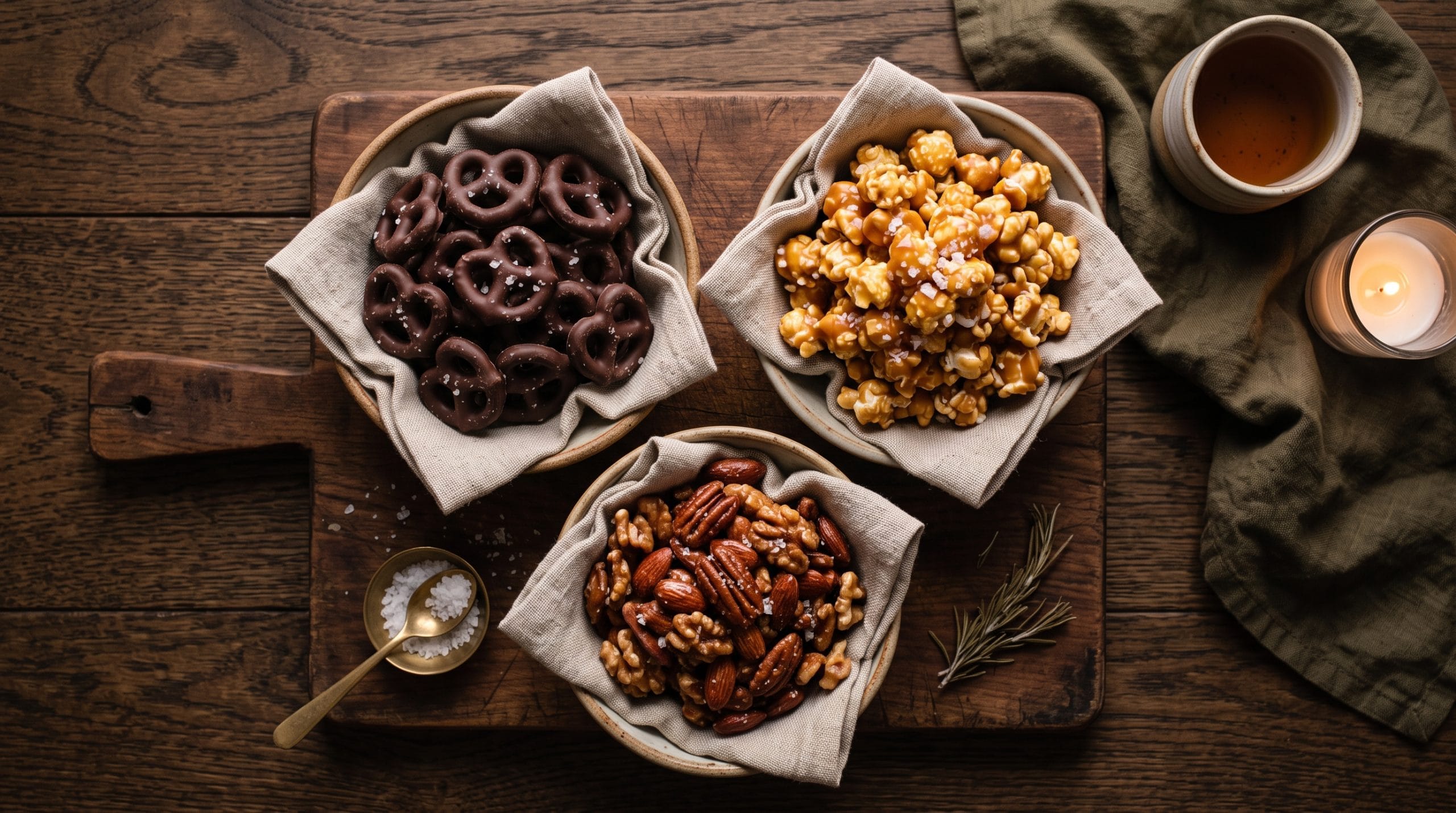 Overhead flat lay of a rustic wooden swalty snack board with dark chocolate pretzels, caramel popcorn, and salted maple nuts.