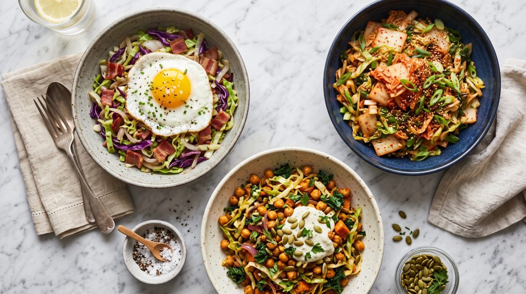 Crispy Cabbage Breakfast Hash: 2026's Biggest Food Trend 5 Top-down flat lay of three cabbage hash breakfast variations including classic with egg, kimchi-spiced, and chickpea vegetarian on a marble surface.