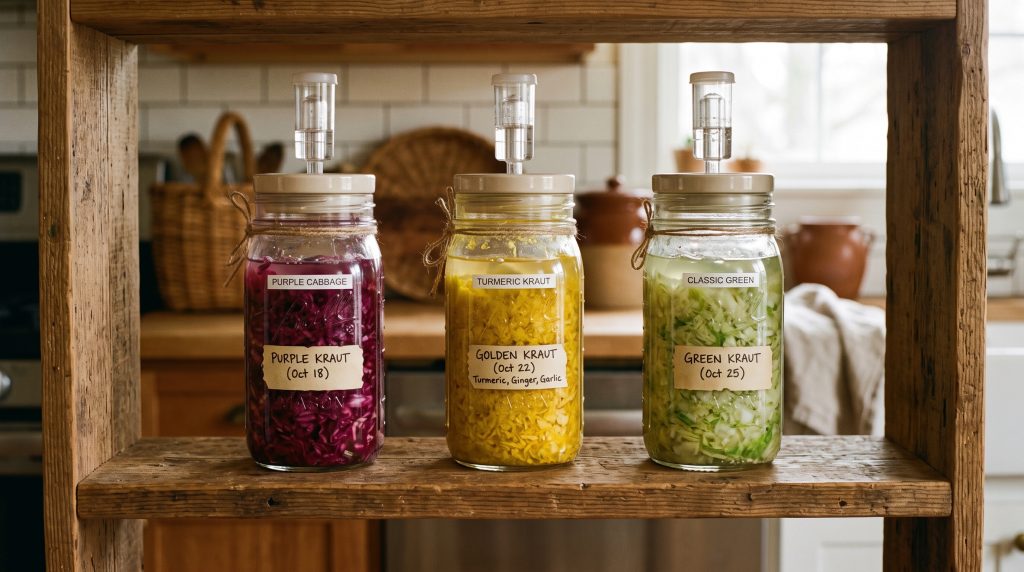 Aesthetic Fermented Kraut Jar Ritual: The Beginner's Guide to Sauerkraut That Actually Looks Good on Your Counter 3 Row of three glass fermentation jars on an open wooden shelf containing purple, golden turmeric, and green kraut.