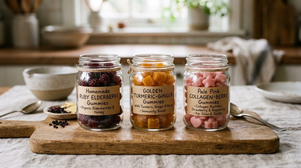 Homemade Wellness Gummies: Easy 5-Minute DIY Recipe 4 Three small glass jars filled with ruby elderberry, golden turmeric, and pink collagen gummies on a wooden board.