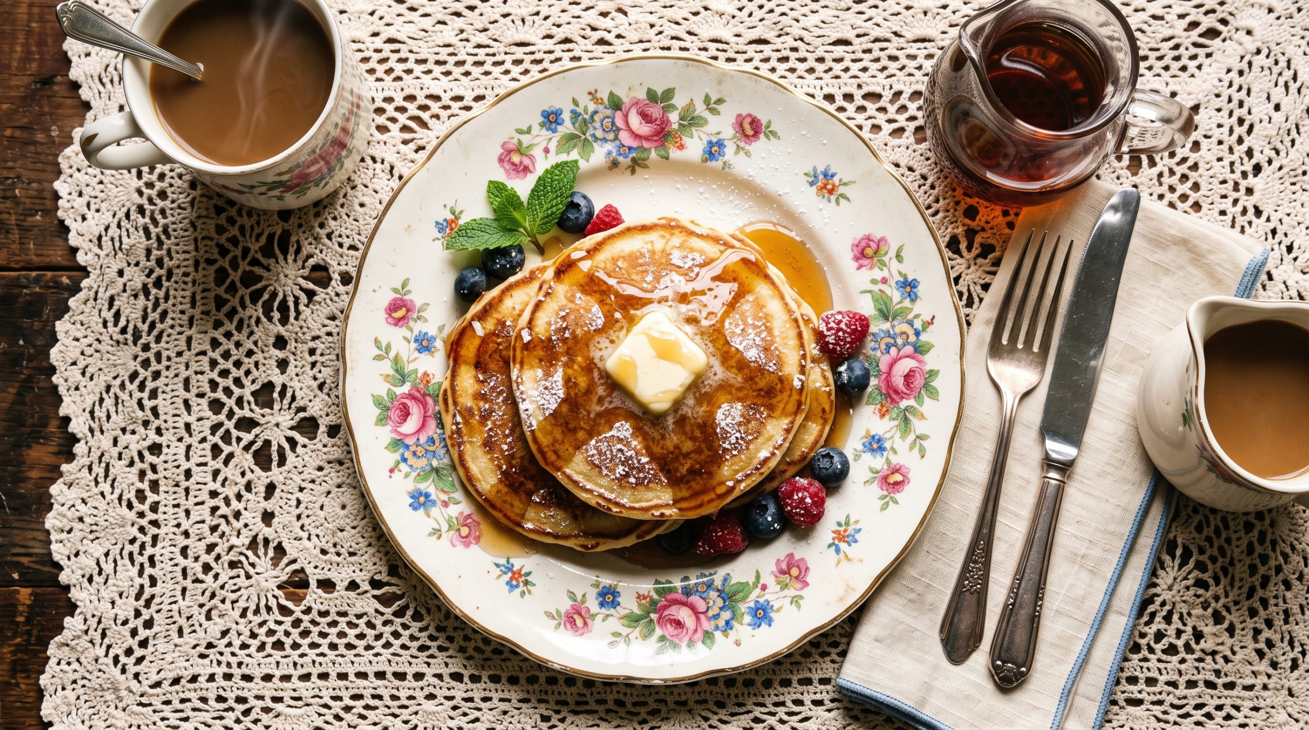 Overhead view of pancakes with butter and syrup on a vintage floral plate and lace tablecloth, creating a cozy grandmacore breakfast.