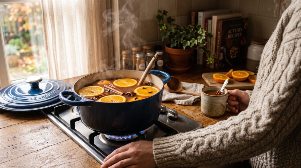 Winter Morning Ritual: 5 Cozy Warming Breakfast Recipes for Cold Days 3 Cozy kitchen scene with a pot of simmering warm apple cider, cinnamon sticks, and orange slices.