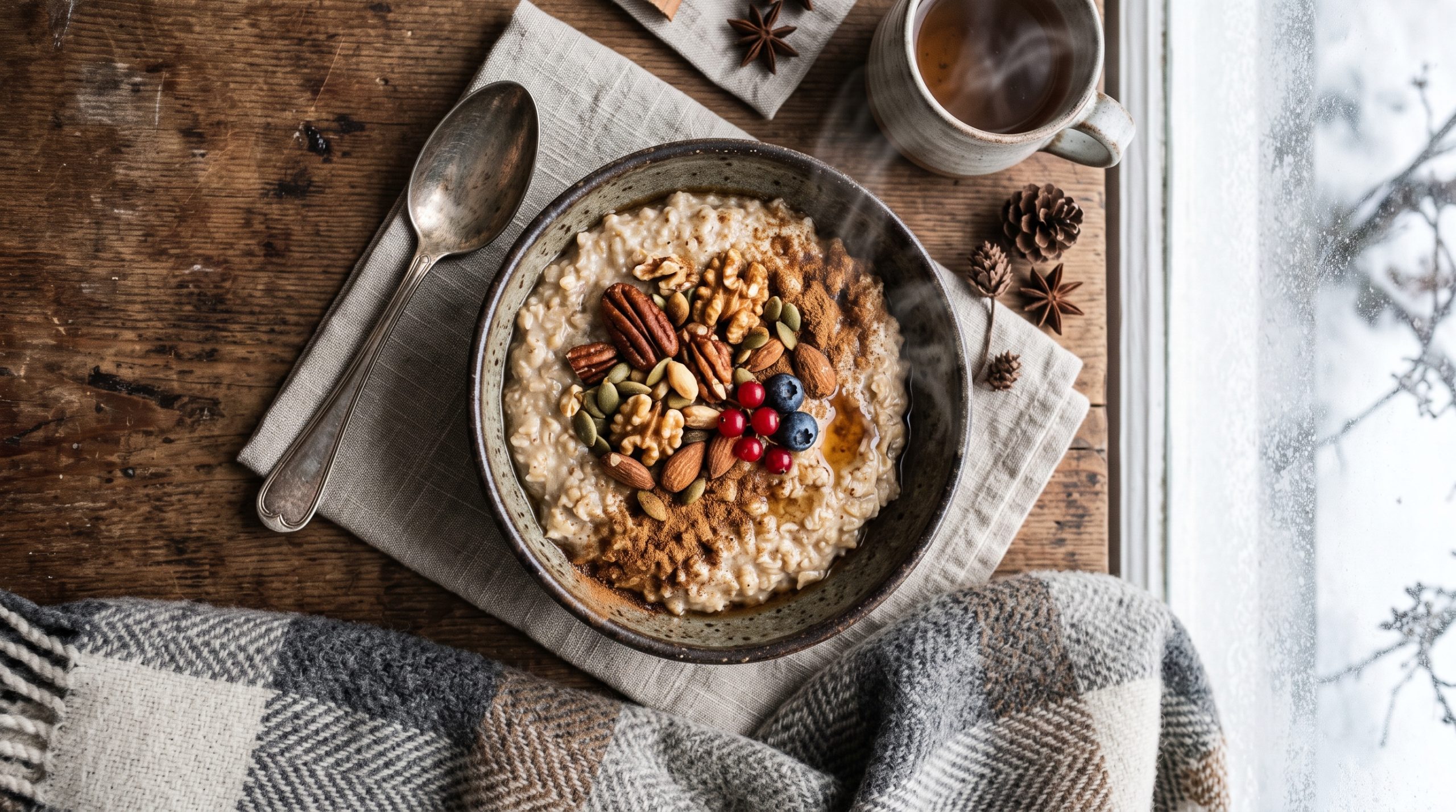 Overhead shot of a steaming bowl of warm spiced oatmeal with toasted nuts and cinnamon dust next to a wool blanket.