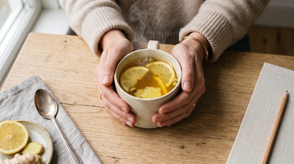 5-Minute Grounding Ritual: Easy Stress Reset Tea 2 5-minute grounding ritual warm lemon ginger tea mug held with both hands under daylight