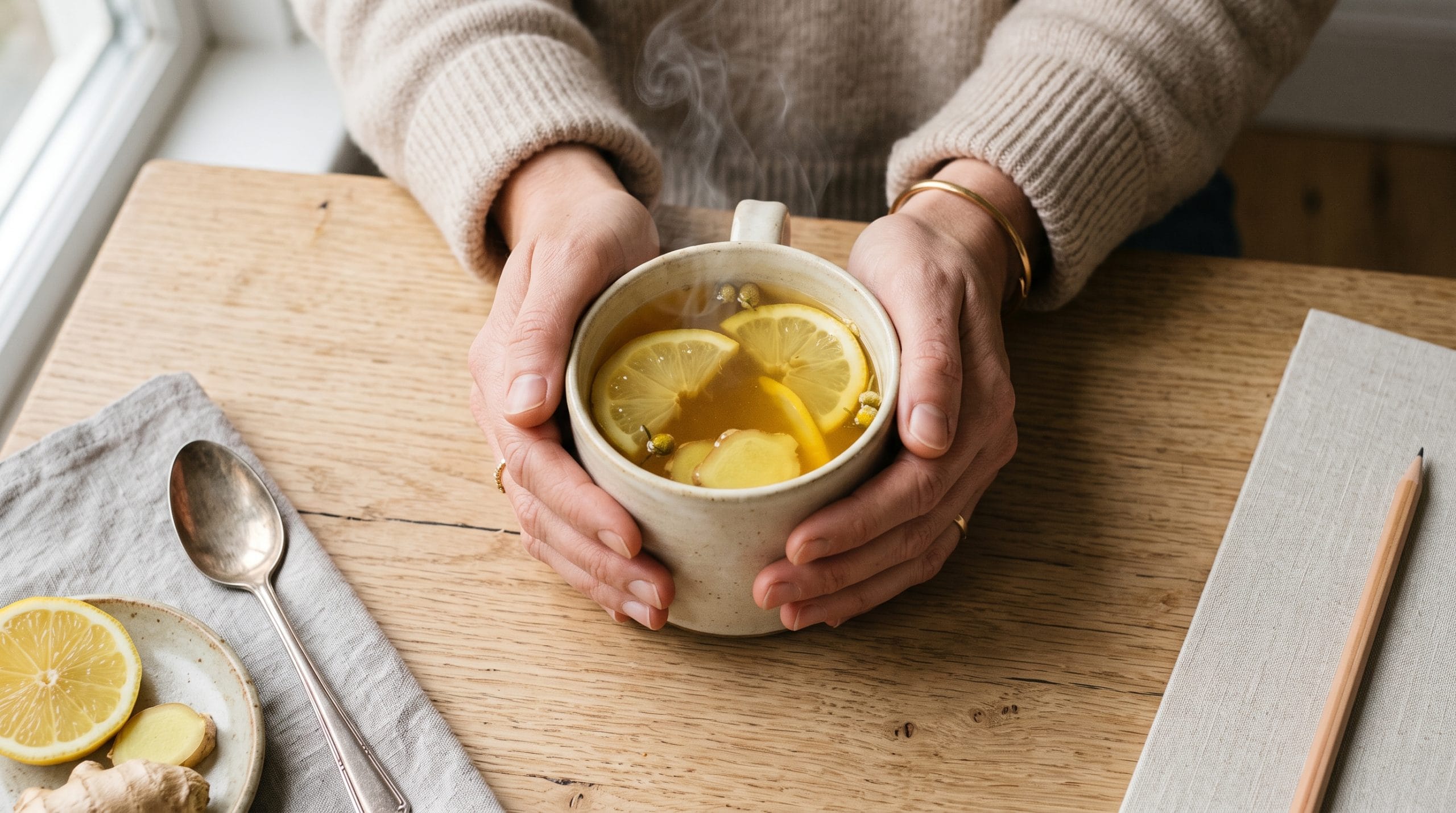 5-Minute Grounding Ritual: Easy Stress Reset Tea 1 5-minute grounding ritual warm lemon ginger tea mug held with both hands under daylight
