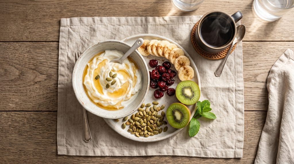 5-minute jet lag reset ritual snack plate with sliced banana, kiwi, tart cherries, and yogurt