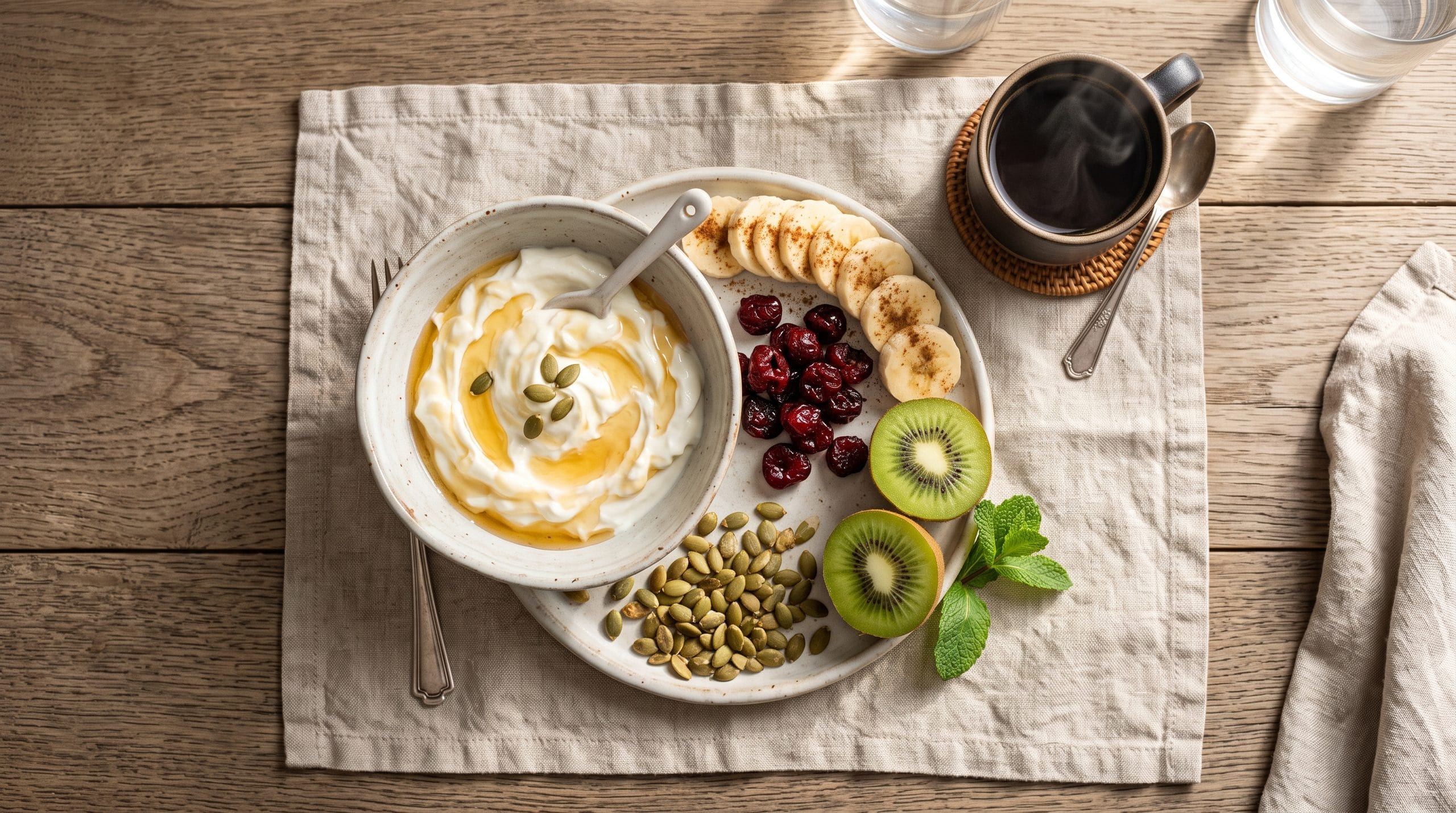5-minute jet lag reset ritual snack plate with sliced banana, kiwi, tart cherries, and yogurt