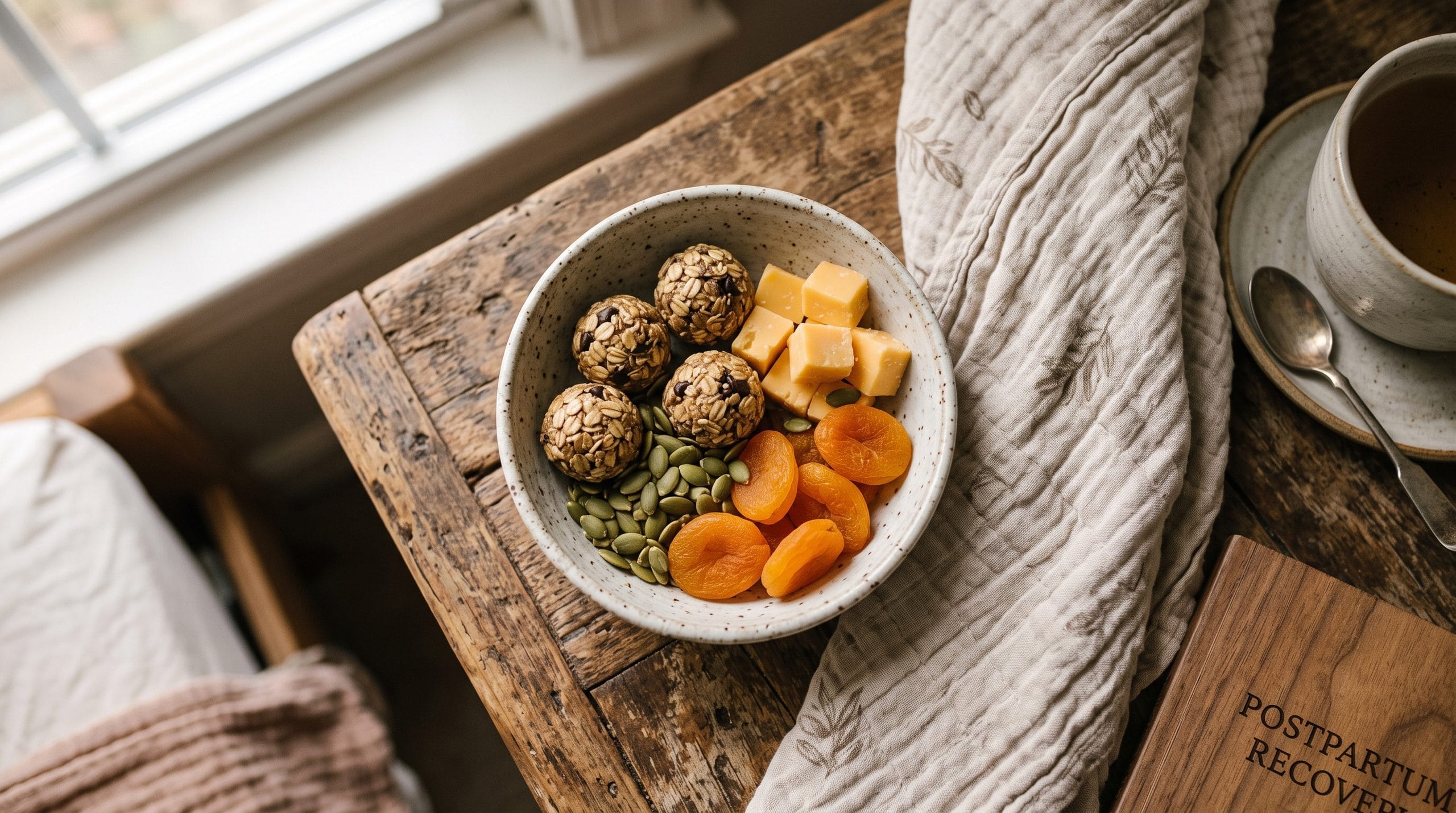 5-minute postpartum ritual one-handed energy balls and snacks bowl on a bedside table