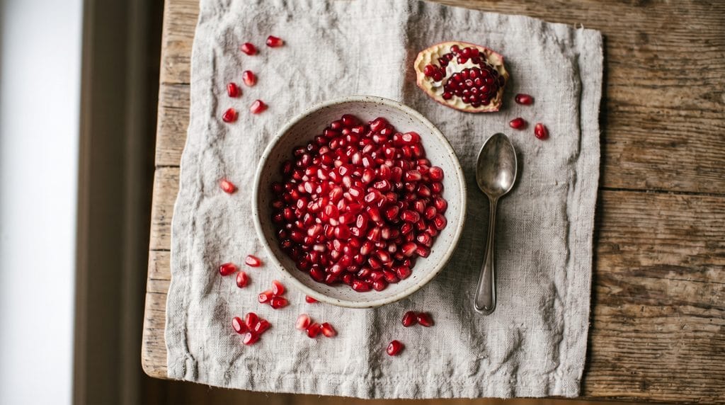 5-minute sensory grounding ritual bowl of ruby red pomegranate seeds on a linen napkin under soft daylight