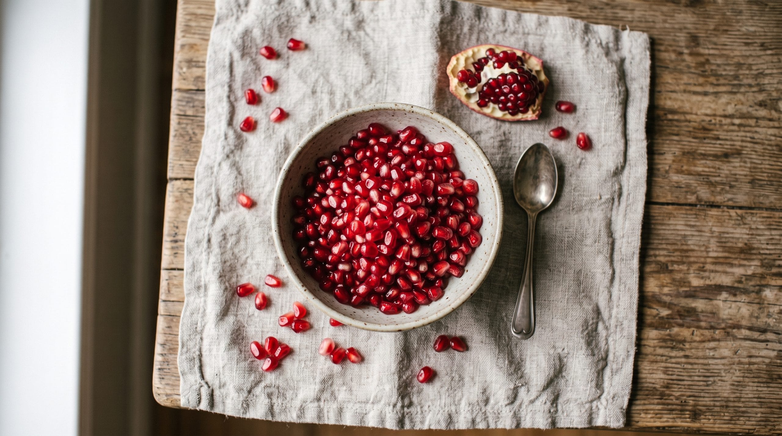 5-minute sensory grounding ritual bowl of ruby red pomegranate seeds on a linen napkin under soft daylight