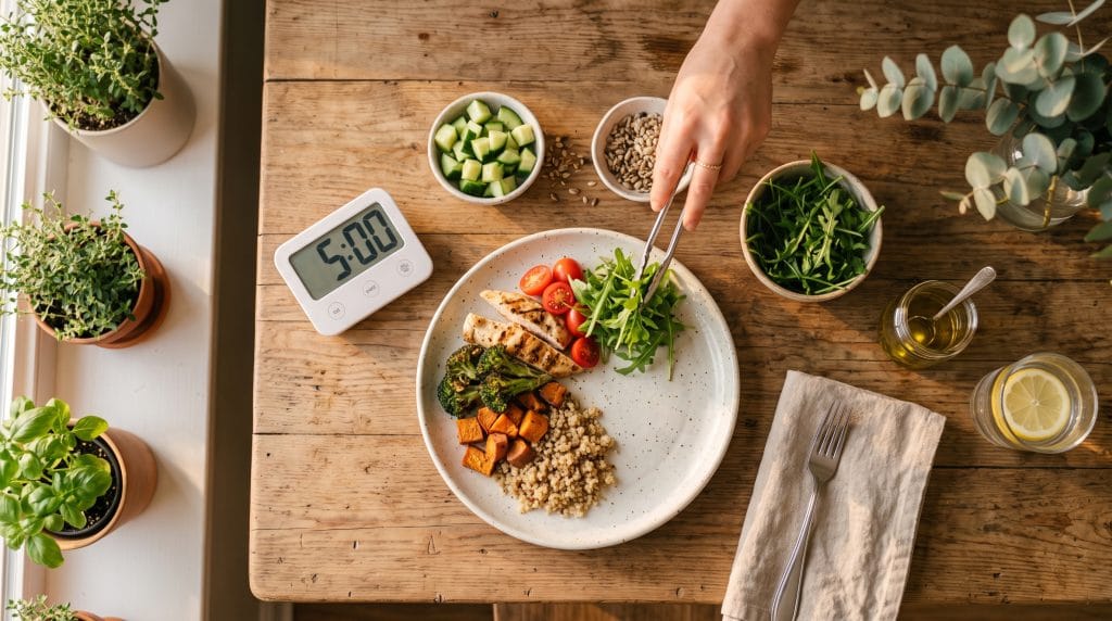 Overhead shot of a timer showing 5 minutes next to a half-assembled evening wind-down snack plate.