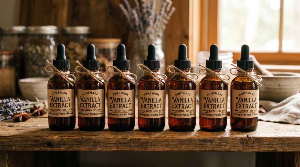 Row of small amber glass dropper bottles filled with homemade alcohol-free vanilla extract with kraft labels.