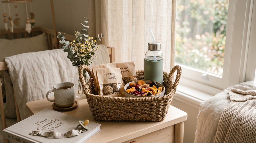 Bedside postpartum snack basket with water bottle and energy balls in a nursery setting.