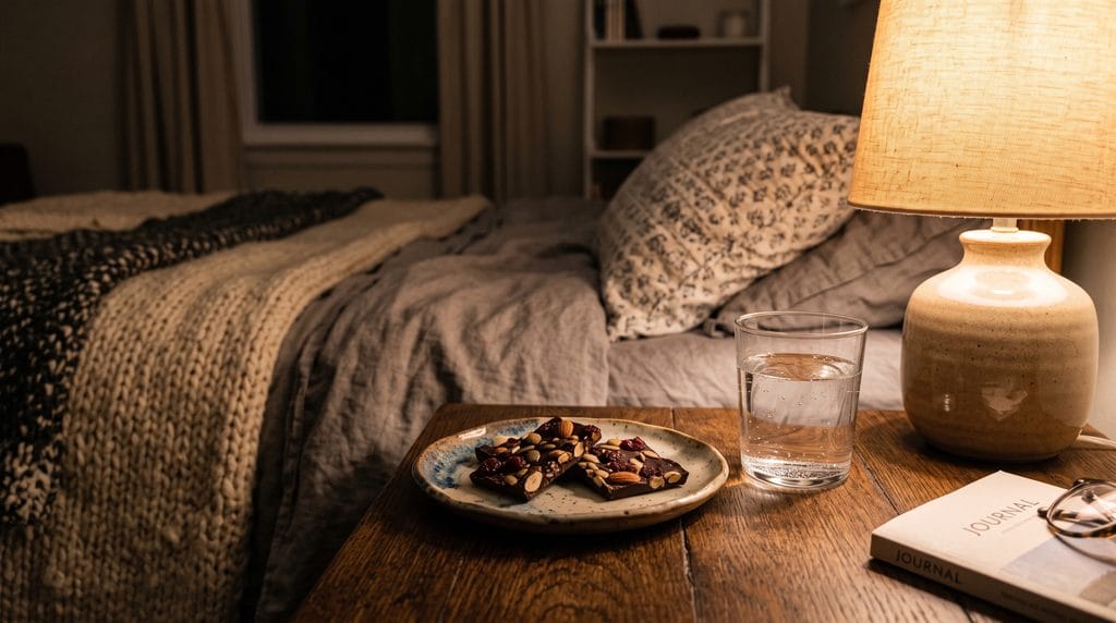 Bedside scene with two pieces of magnesium chocolate bark on a small plate next to a glass of water.
