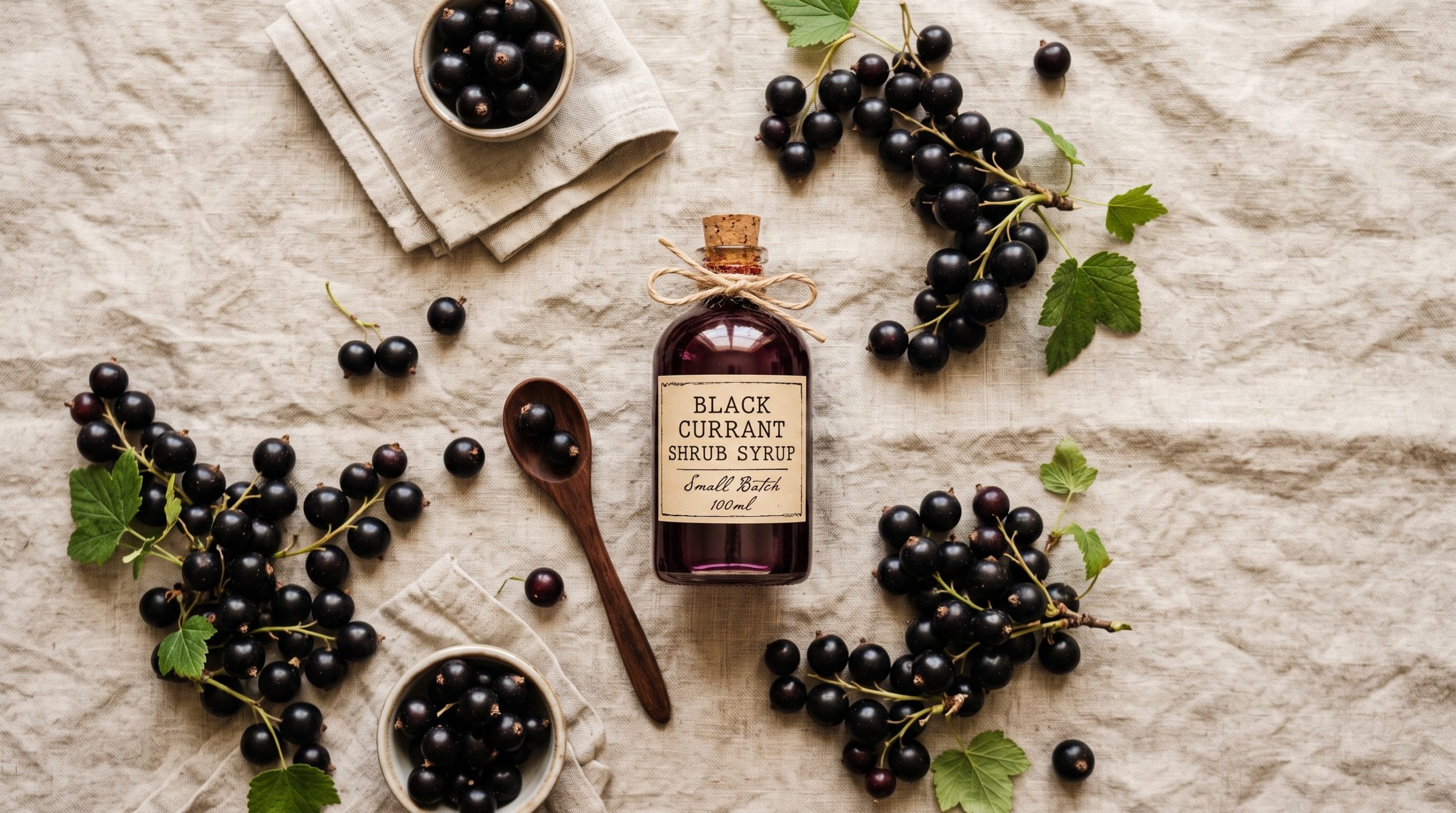 Black Currant Shrub: 2026's Flavor of the Year 5 Overhead flat lay of a glass bottle filled with deep purple black currant shrub syrup on a linen cloth next to fresh berries.