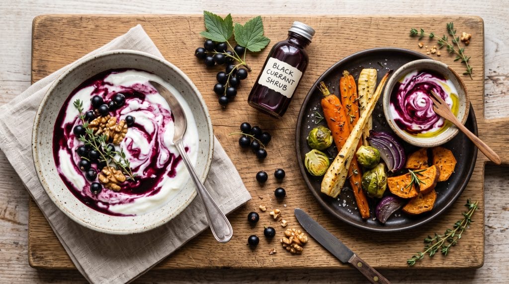 Black Currant Shrub: 2026's Flavor of the Year 5 Flat lay of black currant shrub syrup used on plain yogurt and as a glaze for roasted vegetables on a wooden board.