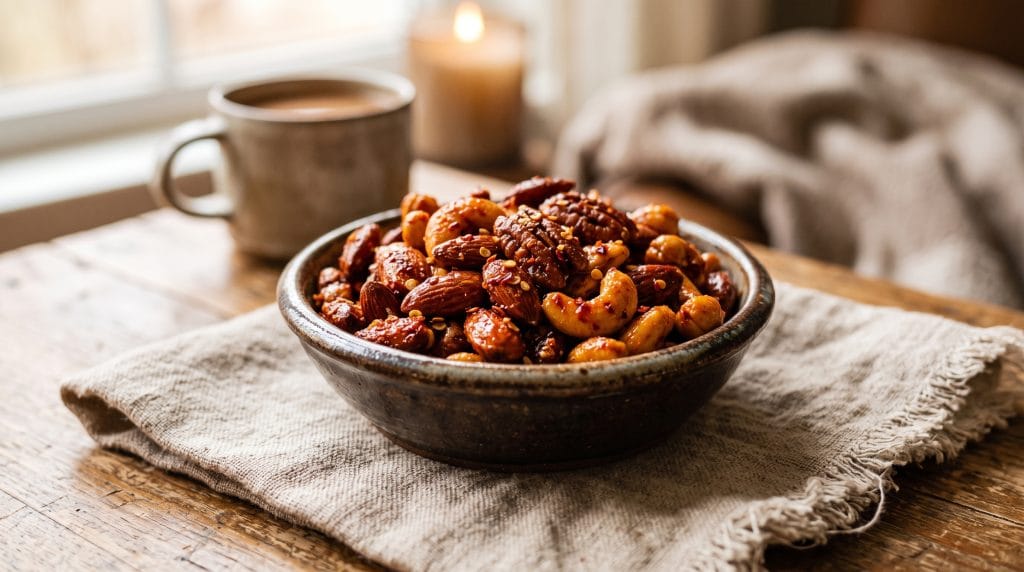 Swicy: Easy 5-Minute Sweet and Spicy Flavor Combos 5 Side view of crispy chili-glazed roasted pecans and almonds in a small ceramic bowl on a linen napkin.