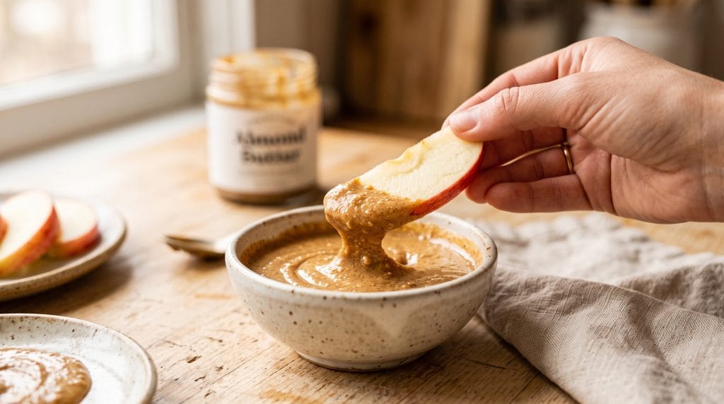Close-up macro shot of an apple slice being dipped into creamy almond butter on a kitchen counter.
