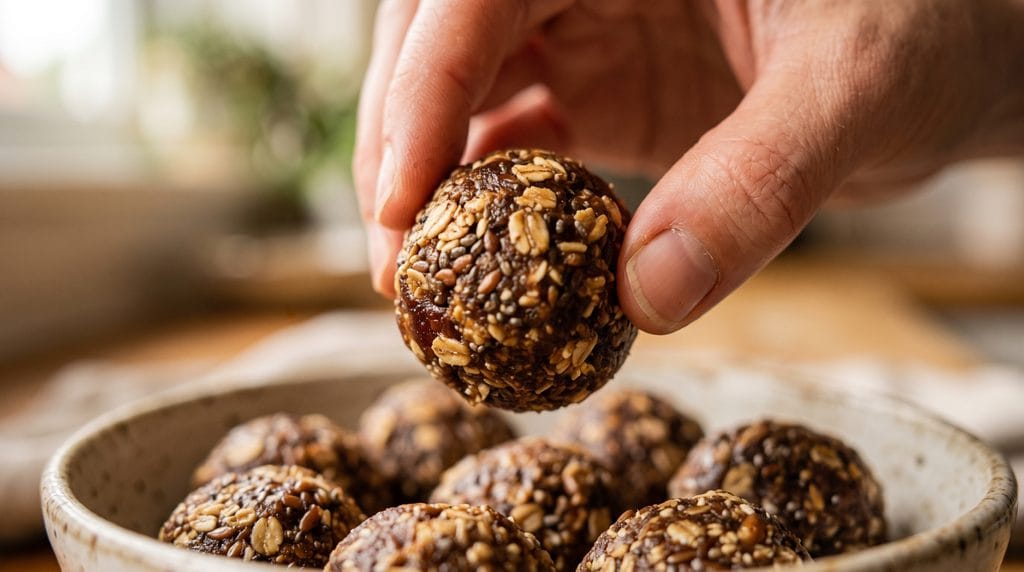 Close-up shot of picking up a single one-bite energy ball one-handed from a snack bowl.