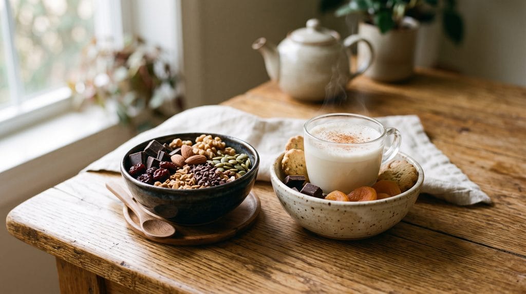 Two travel variation snack bowls with dark chocolate and warm milk side by side on a wooden surface.