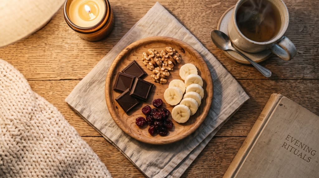 5-minute wind-down ritual evening snack plate with dark chocolate and walnuts