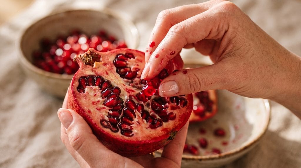 Close-up macro shot of fingers pulling jewel-like ruby pomegranate seeds from a cut fruit with glistening juice.