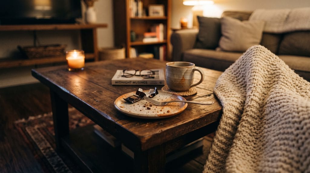 Finished 5-minute wind-down snack plate on a coffee table next to a soft blanket and a glowing candle.