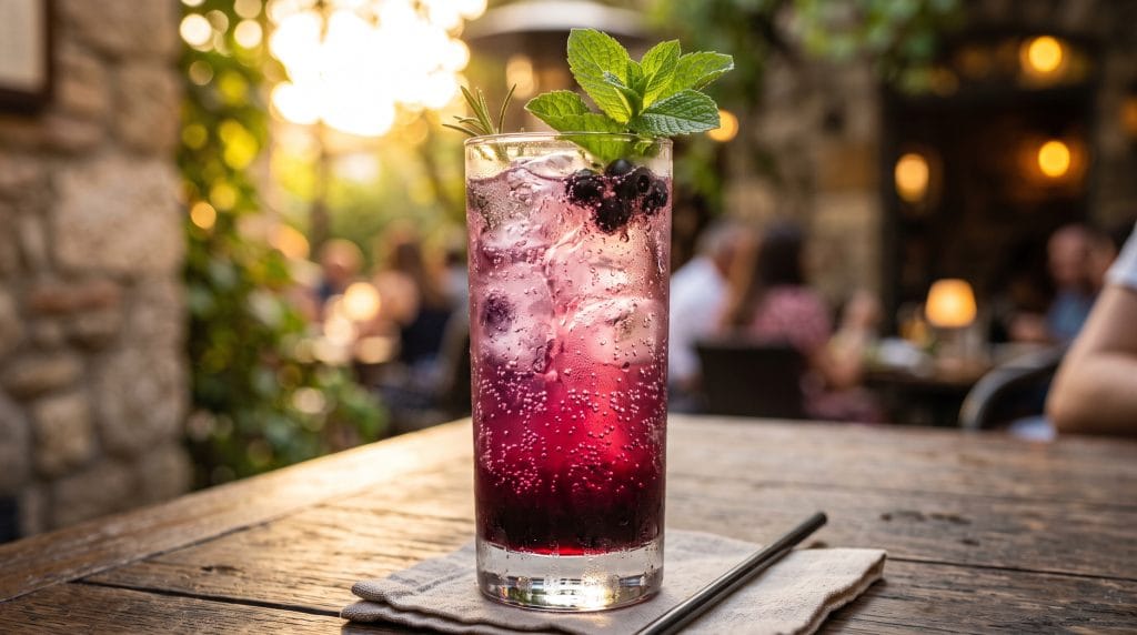 Black Currant Shrub: 2026's Flavor of the Year 4 Tall glass of fizzy sparkling water tinted deep purple-pink with black currant shrub syrup, ice, and mint.