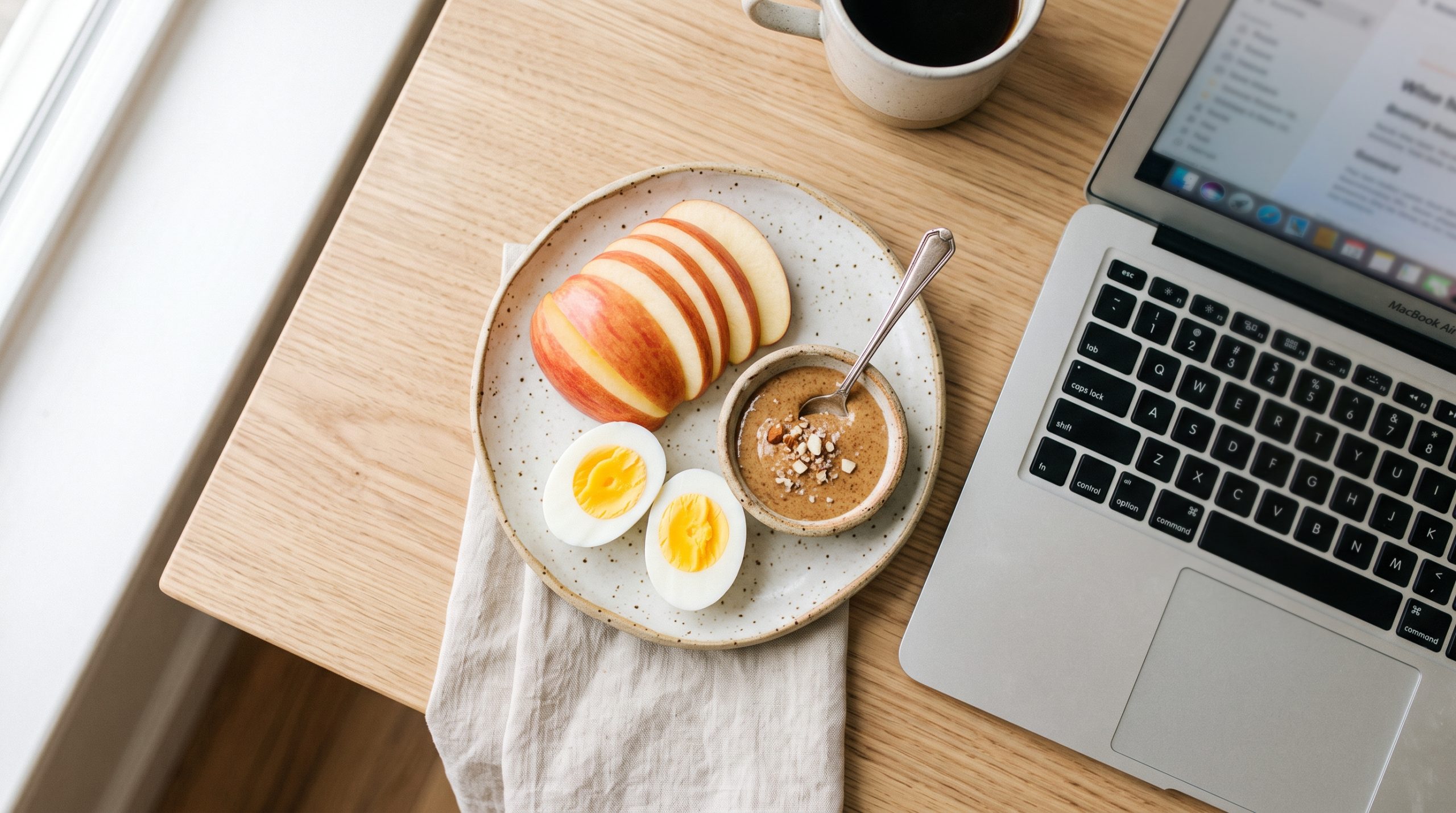 The 5-Minute Focus Ritual: Easy Pre-Meeting Snack Plate 3 5-minute focus ritual pre-meeting snack plate with sliced apple, hard-boiled egg, and almond butter