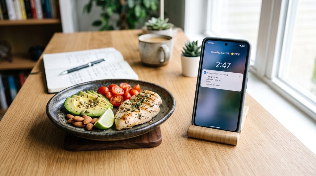 Focus snack plate on a clean desk next to a smartphone displaying a meeting calendar notification.