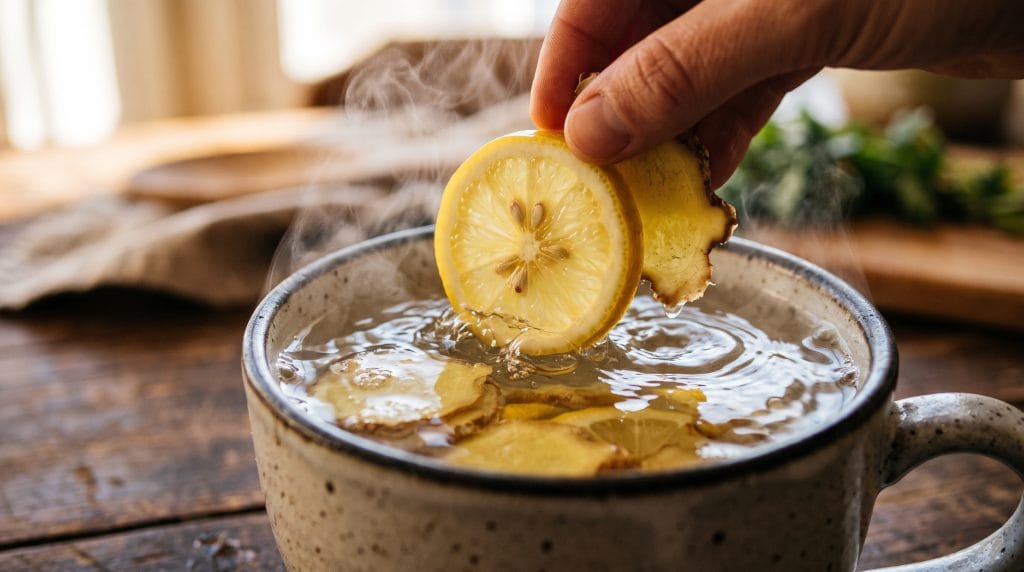 5-Minute Grounding Ritual: Easy Stress Reset Tea 3 Close-up macro shot of fresh ginger and lemon slices being dropped into hot water in a ceramic mug.