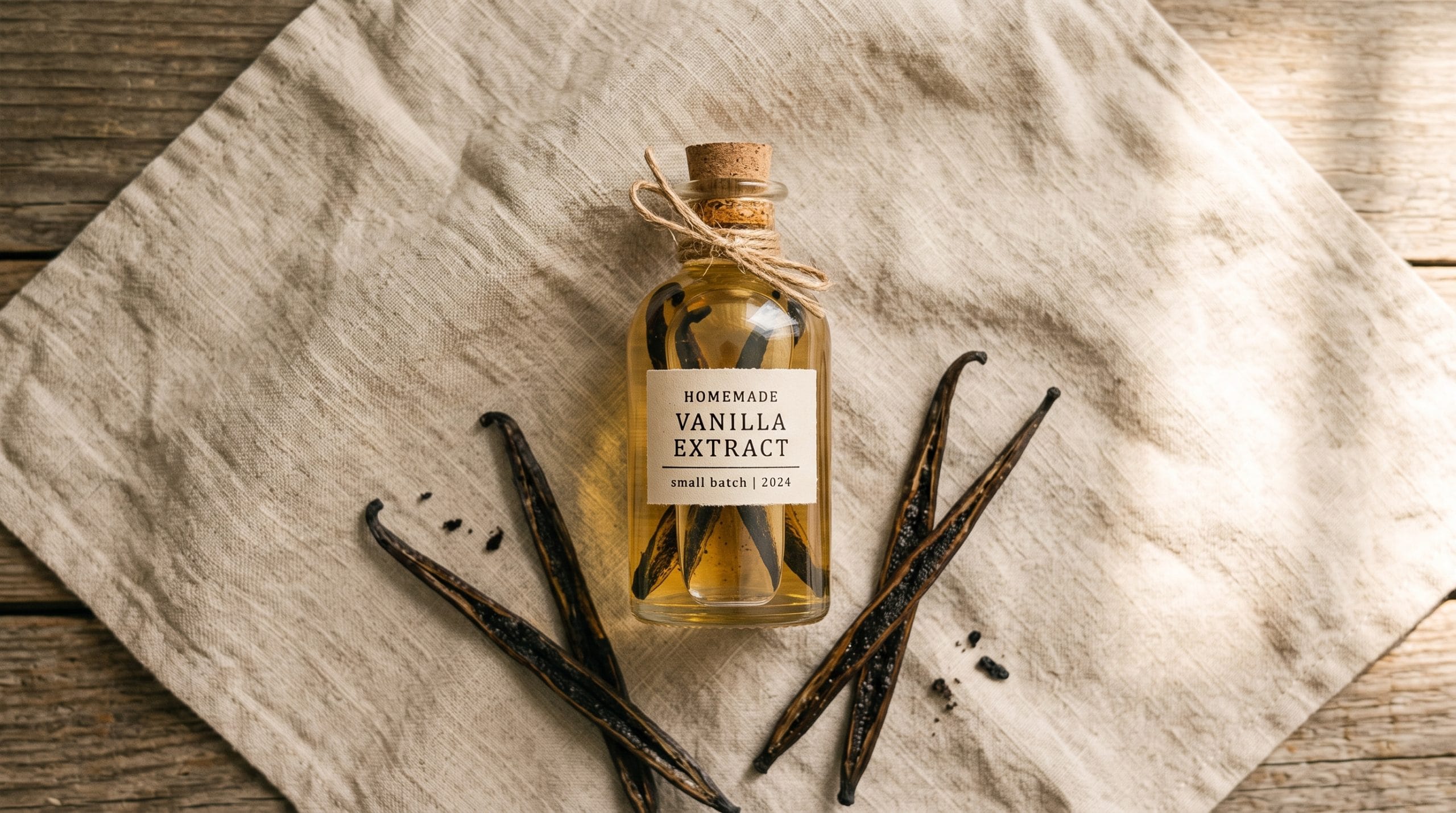 Alcohol-Free Vanilla Extract: Easy 5-Step DIY Recipe 7 Small glass bottle filled with pale golden alcohol-free vanilla extract with split vanilla beans inside on a linen cloth.