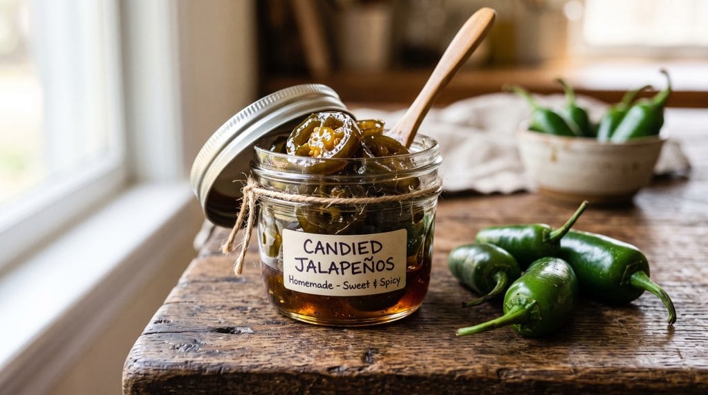 Swicy: Easy 5-Minute Sweet and Spicy Flavor Combos 4 Small glass jar filled with glistening candied jalapeno slices in thick syrup next to fresh green jalapenos.