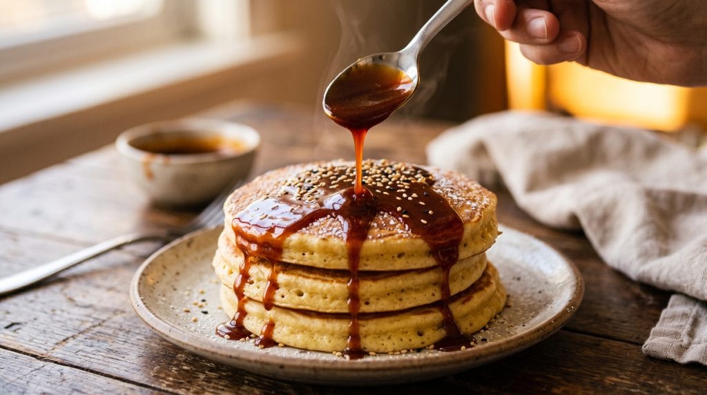 Swicy: Easy 5-Minute Sweet and Spicy Flavor Combos 7 Close-up shot of glossy gochujang caramel sauce being drizzled over a stack of warm fluffy pancakes.