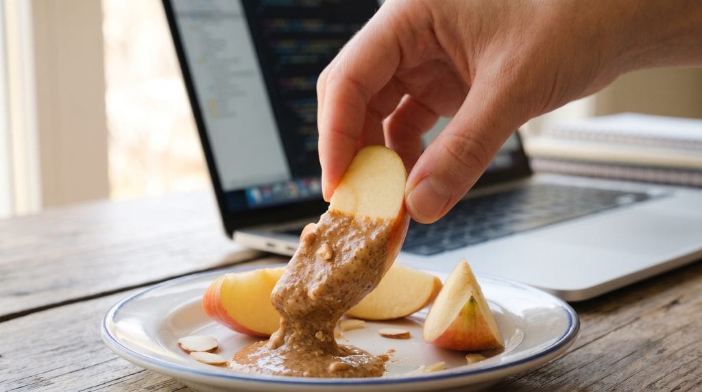 Close-up shot of a hand grabbing a sliced apple dipped in almond butter from a focus snack plate.